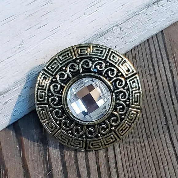 Y2K Bronze Clear Faceted Crystal Round Greek Key Cocktail Ring Vintage Grunge - Picture 7 of 9